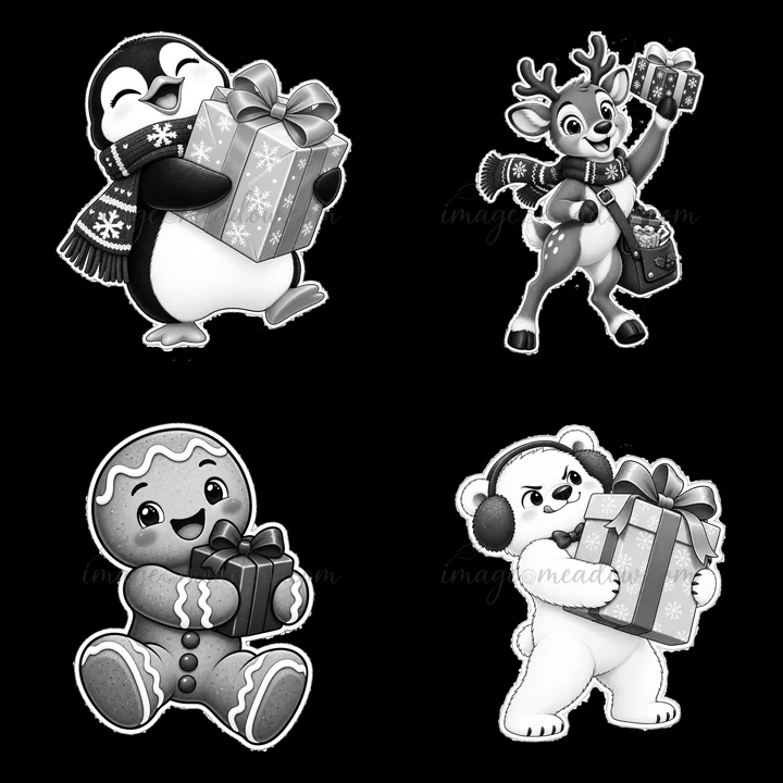 Four cartoon characters are holding Christmas presents. A penguin is smiling with a gift. A reindeer is joyful with another gift. A gingerbread man looks cheerf