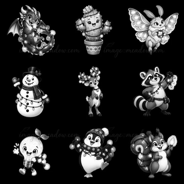 The illustration features nine cartoon characters, including a dragon, cactus, butterfly, snowman, reindeer, raccoon, and more. Each character has unique decora