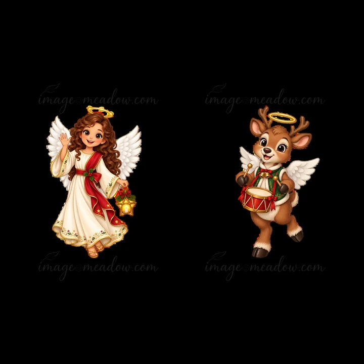 A cartoon angel waves and holds a bell, wearing a white dress. A reindeer plays a drum, wearing a festive outfit. Both have golden halos. They represent joyful