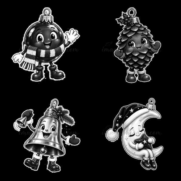 Four cartoon ornaments are arranged in a 2x2 layout. These black-and-white stickers show a smiling ball with a scarf, a pinecone with a face, a cheerful bell, a