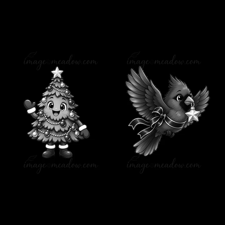 A cartoon Christmas tree character waves with a smile while a bird flies, carrying a star in its beak. Both characters are in black-and-white and designed for f