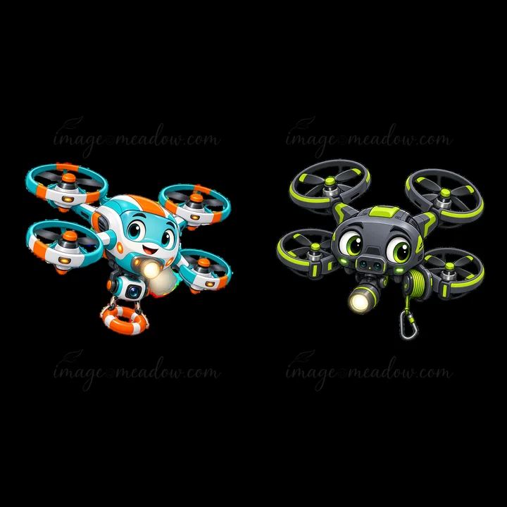 Two cartoon drones are shown. One drone features bright blue and orange colors, while the other is in gray and green. They have unique eyes and design elements,