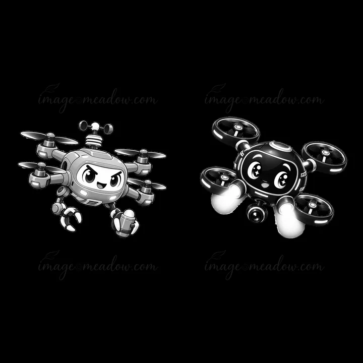 Two cartoon drones are shown facing each other. One has an angry expression and features mechanical details, while the other appears friendly with glowing light