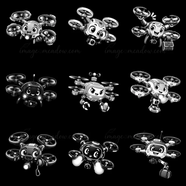 Nine cartoon drones are arranged in a grid. Each drone has a unique expression and design. Some hold accessories like cameras, tools, or bags, showcasing their