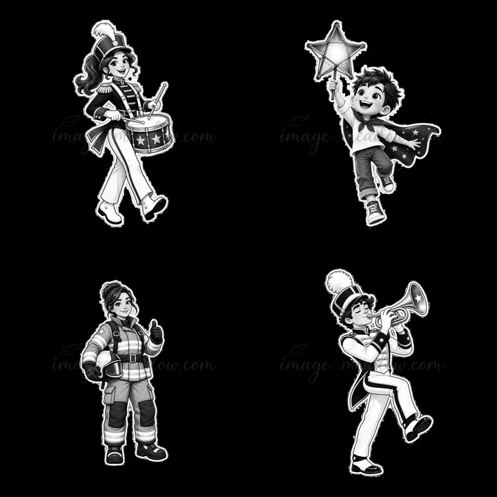 Four cartoon figures are depicted in different patriotic poses. A girl plays a drum, a boy holds a star, a girl gives a thumbs up in a uniform, and a boy plays