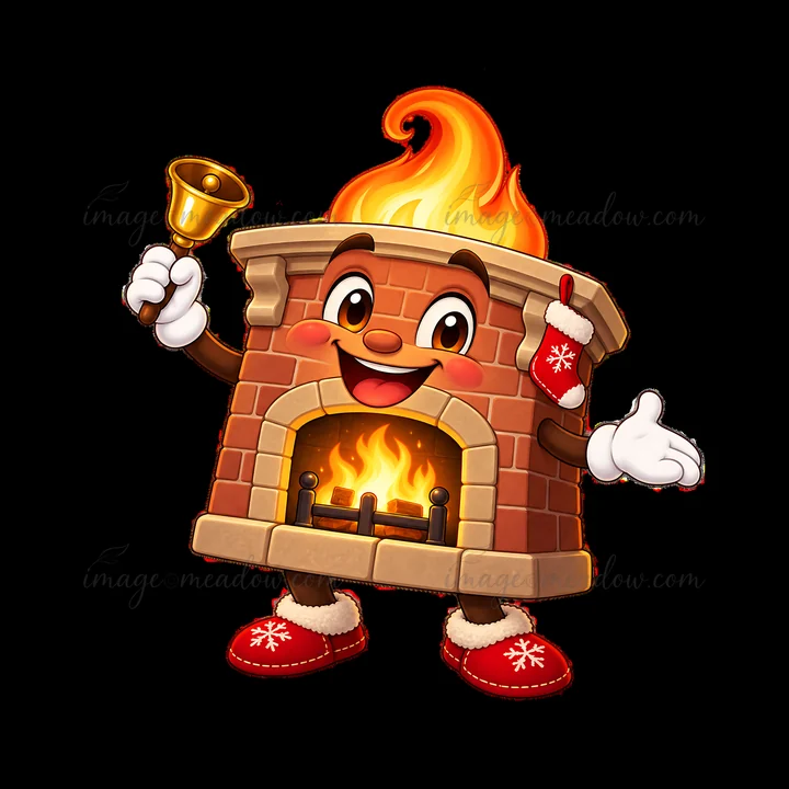 A cheerful cartoon fireplace character holds a bell in one hand while waving with the other. It features a smiling face, bright flames, and festive decorations