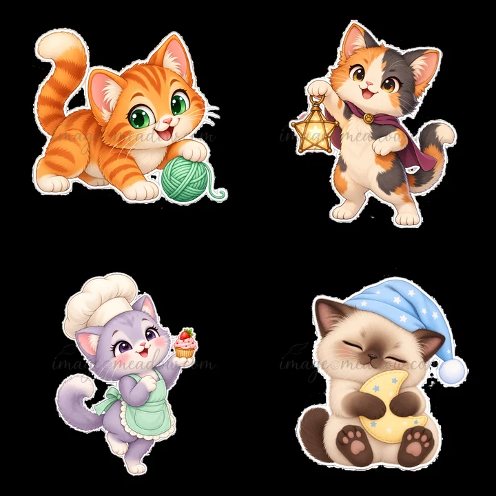 Four kawaii cats are shown in a 2x2 layout. Each cat has a distinct color and accessory, engaging in different activities. They appear joyful and cute in their
