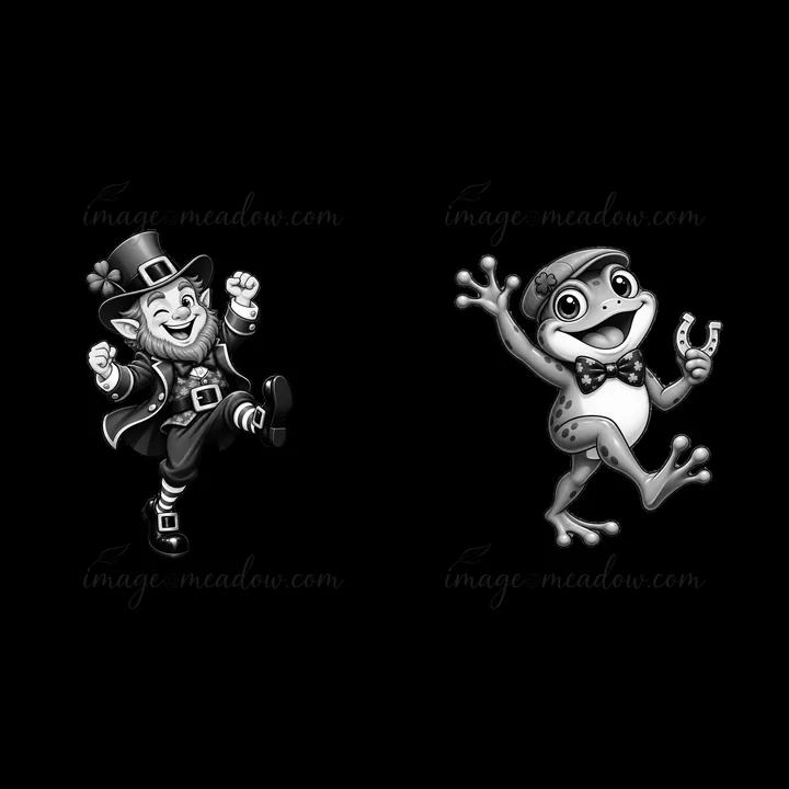 A leprechaun wearing a top hat and a suit dances joyfully next to a friendly frog in a bow tie and hat. Both characters are smiling and appear filled with cheer