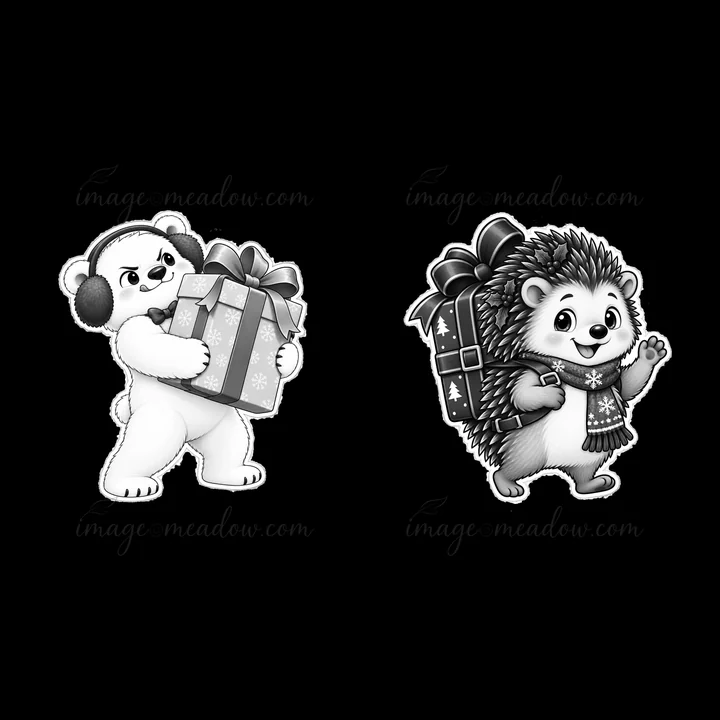 A polar bear wearing earmuffs holds a Christmas present with a bow. A hedgehog wearing a scarf carries another gift on its back. This scene captures holiday joy