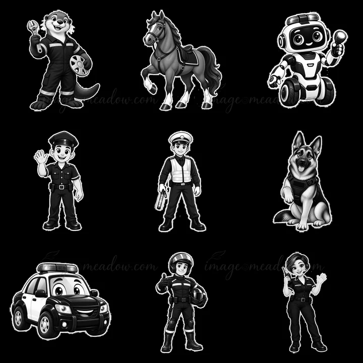 A grid of cartoon police characters, including a police car, horse, dog, and robot. Each character is depicted engaging in police-related activities, showcasing