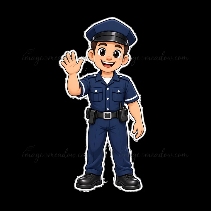 A cartoon police officer stands with a friendly expression and waves. He is dressed in a blue uniform, black shoes, and has a badge and gear on his belt. This c