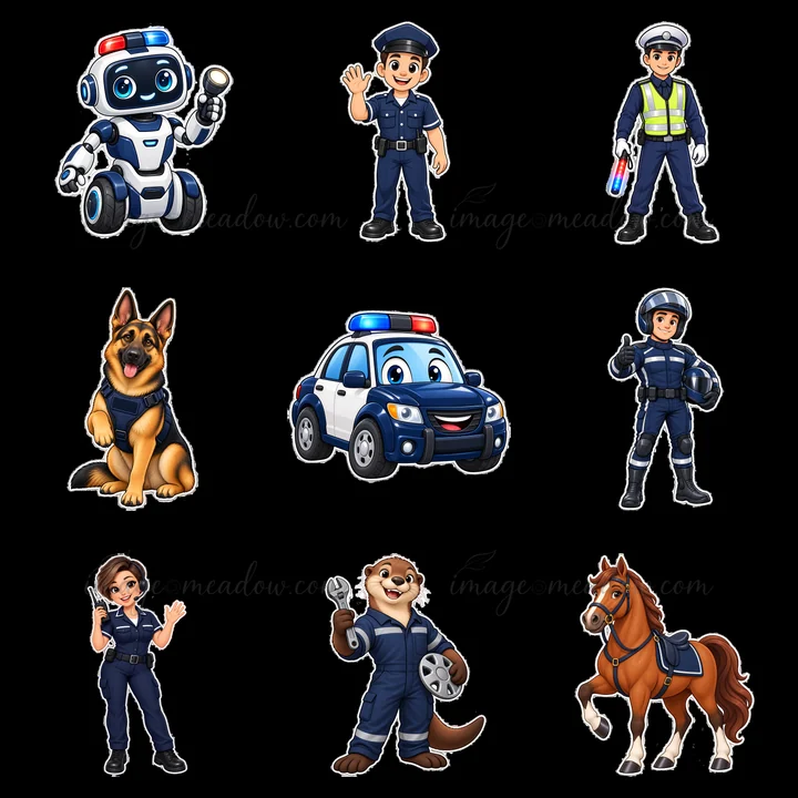 This set features cartoon stickers showing various police characters and a police car. Each character engages in a different activity, adding to the overall the