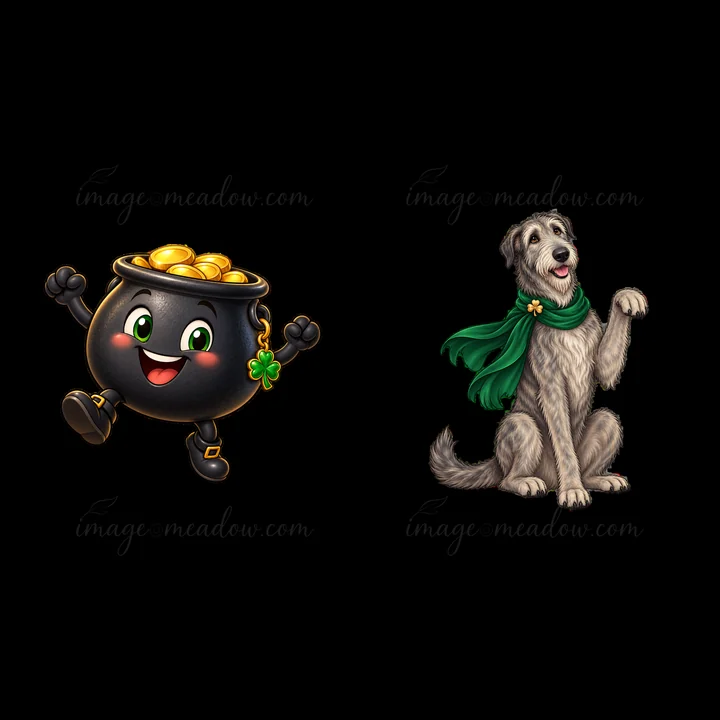 A happy pot of gold with coins and a cheerful dog dressed in a green scarf are featured together. This illustration conveys a festive St. Patrick's Day theme wi