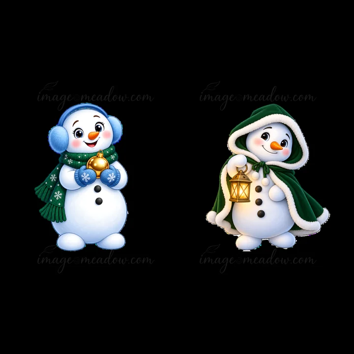 Two cartoon snowmen are featured in this illustration. The first snowman holds a bell and wears a scarf and earmuffs. The second snowman carries a lantern while