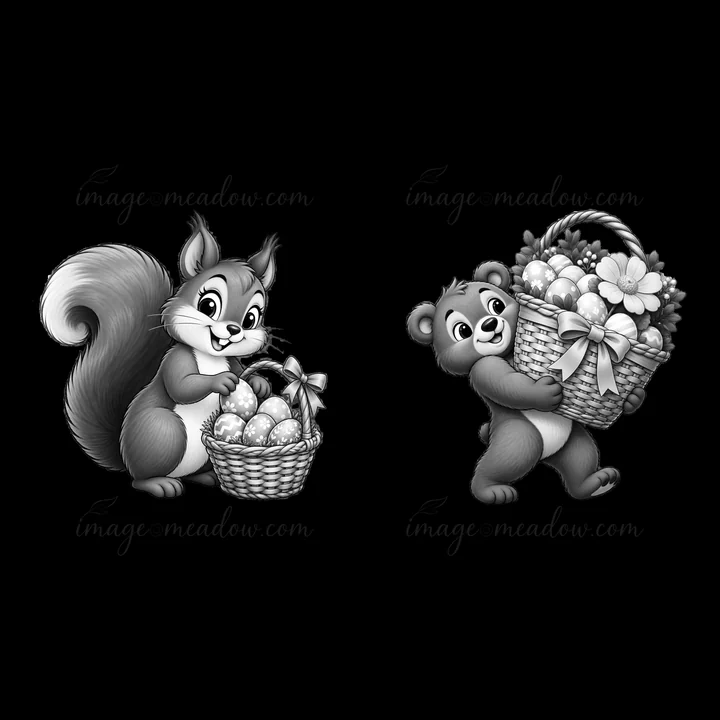 A cartoon squirrel holds a basket of Easter eggs while a bear carries a basket filled with flowers. The characters look cheerful and are engaging in an Easter a