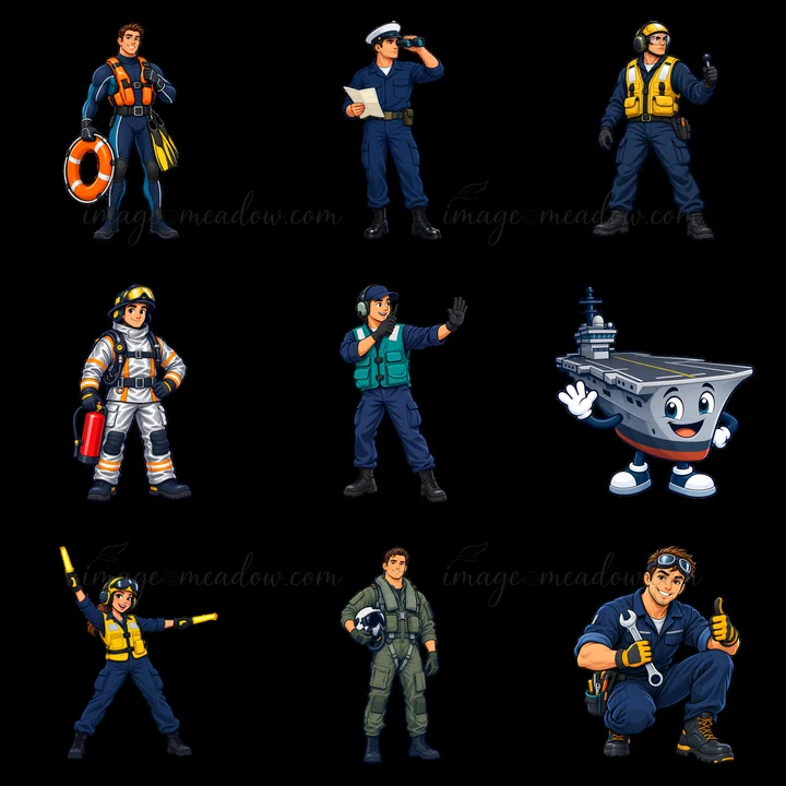 This sticker set shows nine cartoon characters on an aircraft carrier. The characters include crew members, a pilot, and safety personnel. They engage in variou