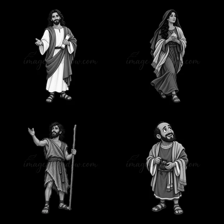 Four cartoon stickers show Jesus and three followers in black-and-white. Each character displays a unique pose and expression, capturing distinct moments of int