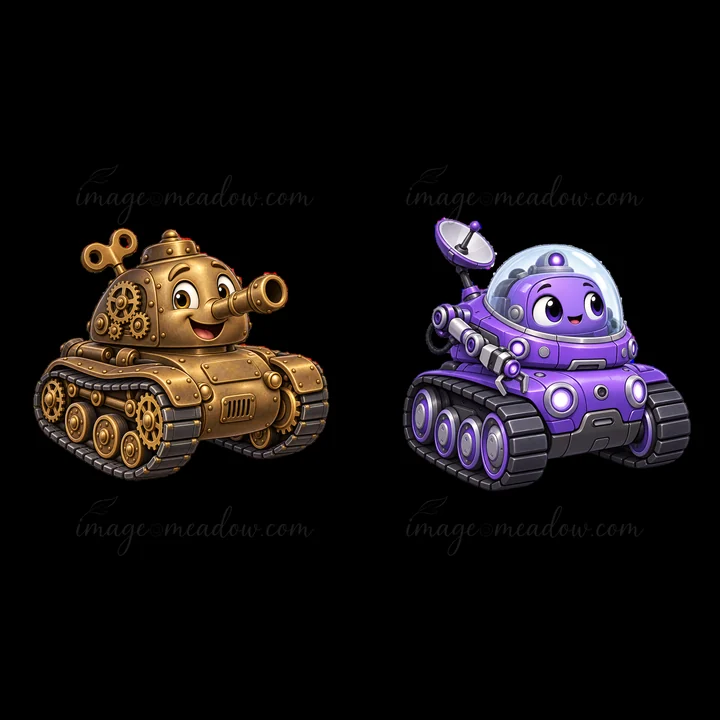 Two cartoon tank characters are shown. One is a golden tank with gears and a smiling face. The other is a purple tank with a dome and a small satellite dish. Bo
