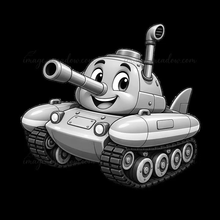 This cartoon tank is happy with a wide smile. It has cartoonish features like big eyes and a friendly expression. The tank includes a prominent cannon on top an
