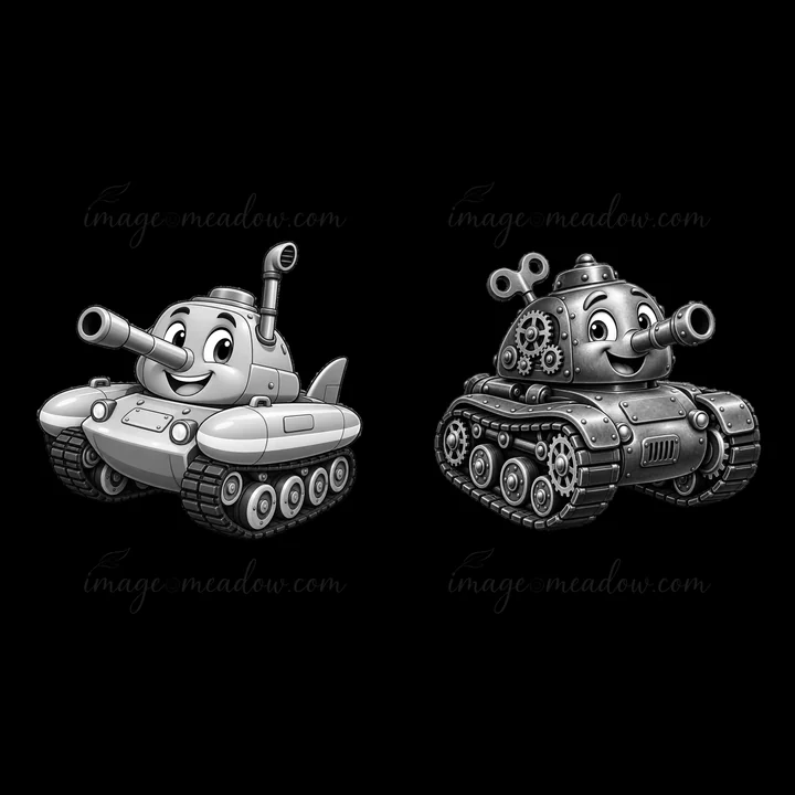 Two cartoon tanks are illustrated in a monochrome style, one is simple in shape while the other has more mechanical details. Both tanks have smiling faces and p