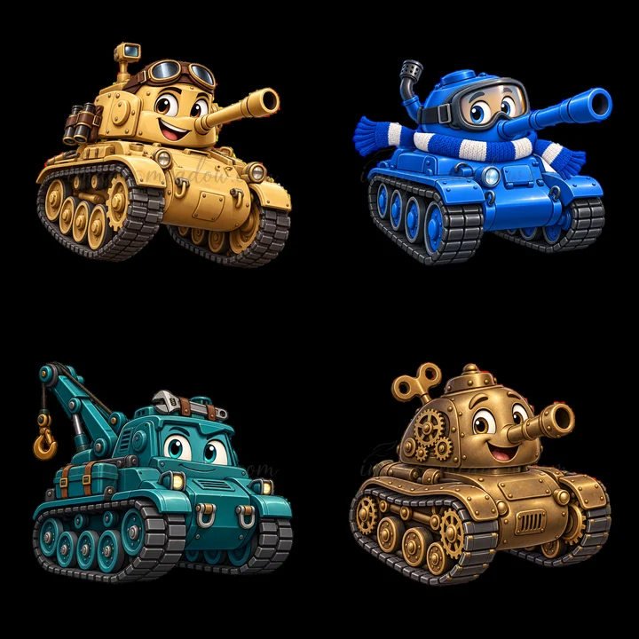 Four cartoon tanks display happy characters. A yellow tank sports goggles and a smiling face. A blue tank has a scarf and open arms. A green tank features a cra