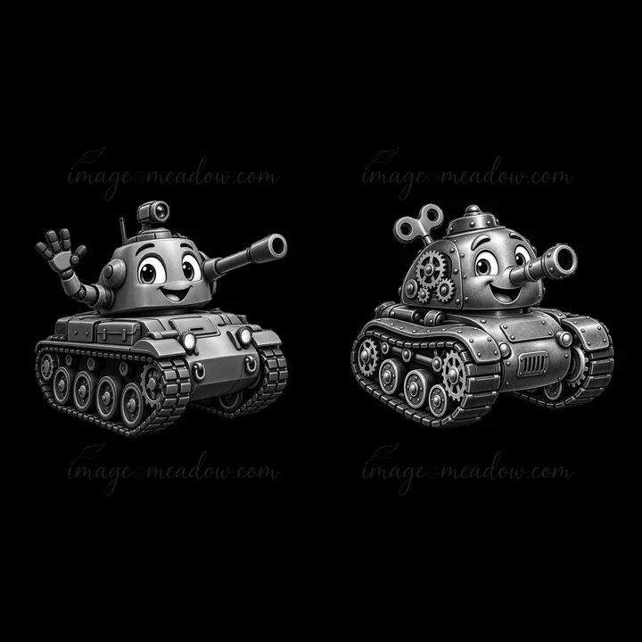Two cartoon tanks are shown in a playful style. One tank has a smiling face and a waving turret. The other tank features gears and a playful horn. These designs