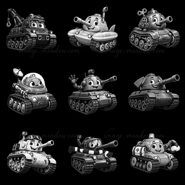 Nine cartoon tanks are arranged in a 3x3 grid. Each tank has a unique face and accessories. The tanks are cartoonish, with varied expressions and fun details. T