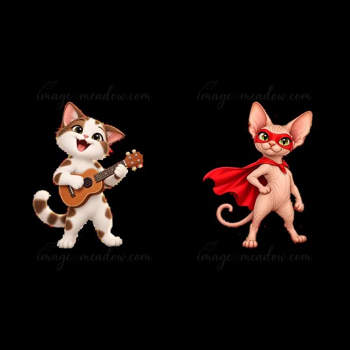 Two cartoon cats are portrayed together. One cat plays a guitar while the other wears a red cape with glasses. Both cats have distinct features and expressions,
