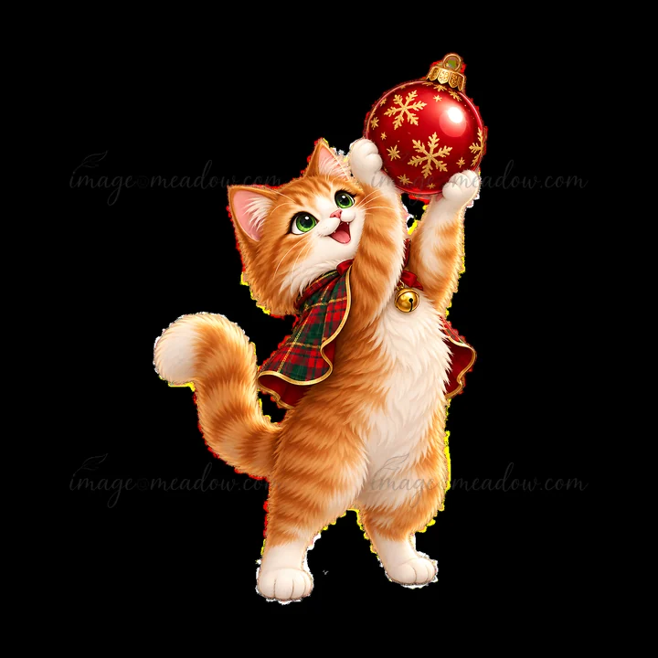 A playful orange cat stands on its hind legs, reaching up to grab a shiny red ornament decorated with snowflakes. The cat wears a plaid scarf, adding to its fes
