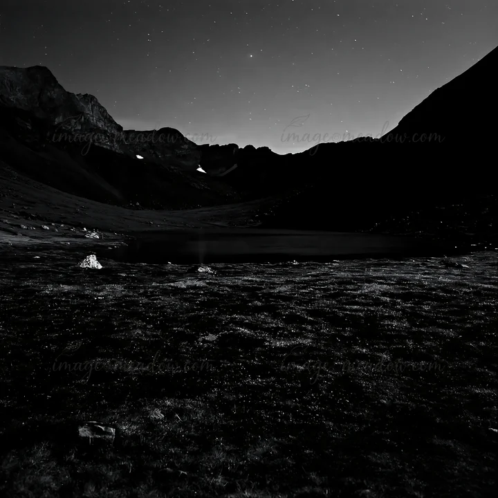 A dark landscape features a lake surrounded by mountains and rocks under a starry sky. The scene captures a quiet setting at nighttime, highlighting the natural