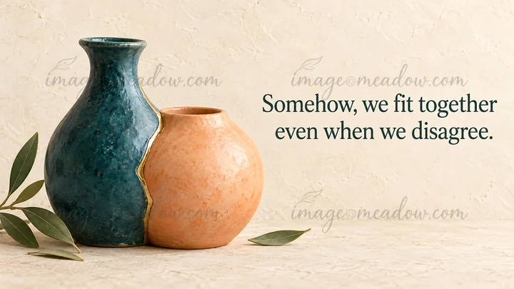 Two contrasting ceramic vases touch along a gold-edged seam beside olive leaves on a warm, textured background. The greeting reads, “Somehow, we fit together ev