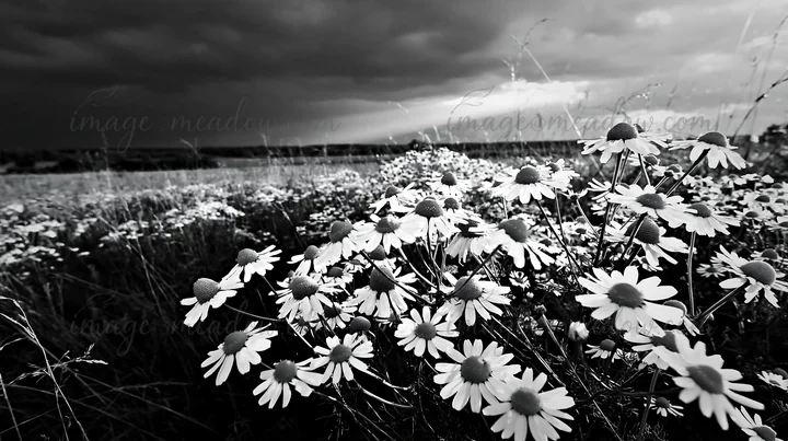 Chamomile flowers grow in a meadow as dark clouds gather in the sky above. This natural scene is set in a rural area, showcasing the wild plants amid the landsc