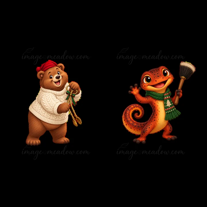 A bear in a red hat and knitted sweater holds ornaments while a gecko in a scarf waves with a broom. They are near a fireplace decorated for Christmas. The colo