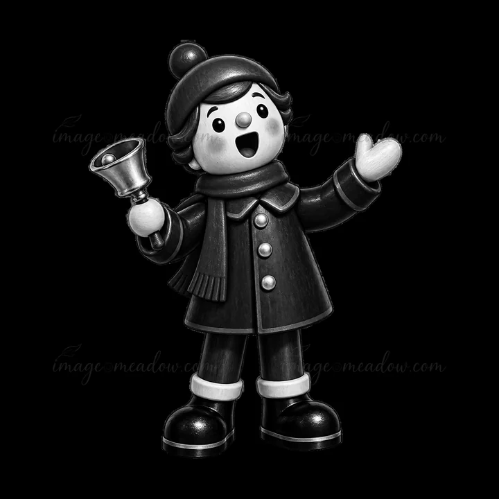 A child is dressed in a winter coat and hat, holding a bell and smiling joyfully. The scene captures the spirit of Christmas and the festivities commonly associ