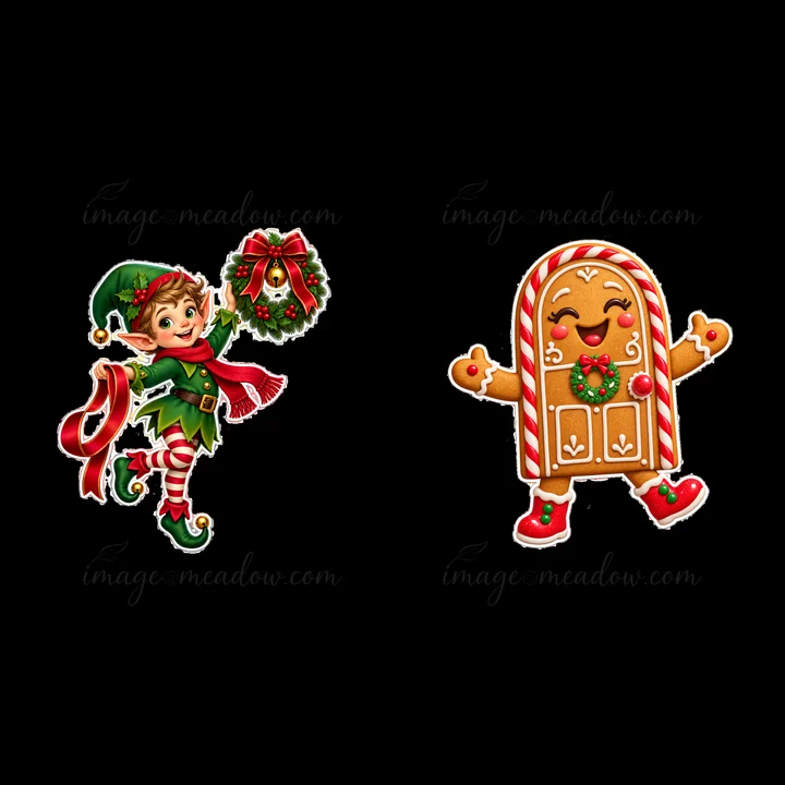 A cartoon elf holds a wreath and smiles, while a gingerbread cookie figure with a big smile and candy details dances. Both are colorful and festive, perfect for