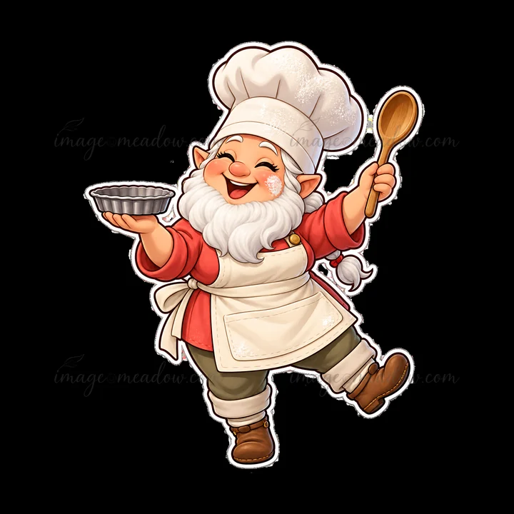 A gnome chef with a big smile stands happily while holding a baking dish in one hand and a wooden spoon in the other. He wears a white chef's hat and apron over