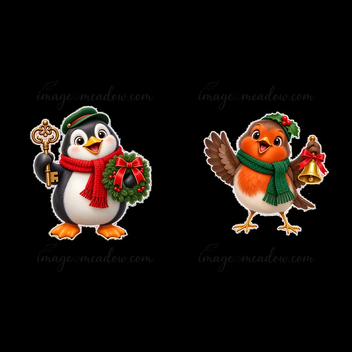 A cartoon penguin holds a Christmas wreath and a key, while a bird carries a bell. Both are dressed in festive scarves and hats. The scene captures a joyful hol