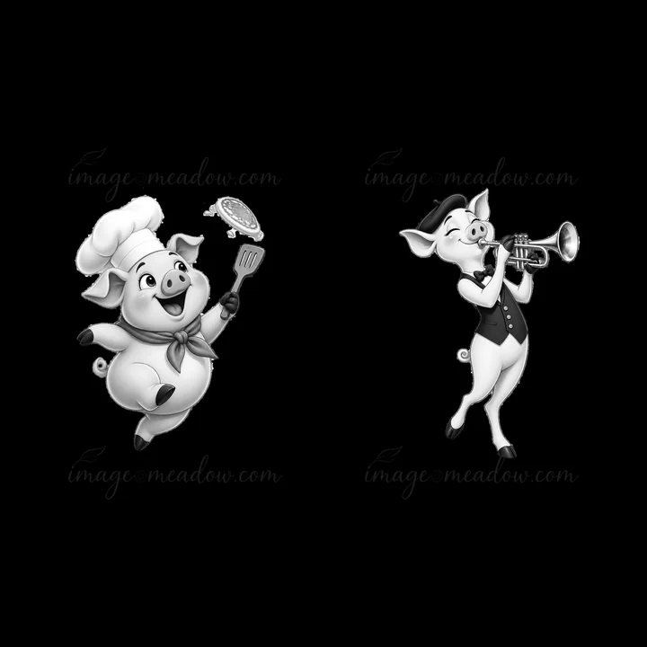 A pig chef dressed in a white hat and scarf joyfully flips a pancake with a spatula. Next to him, another pig wearing a vest plays a trumpet. Both illustrations
