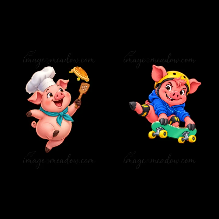 A pig dressed as a chef is flipping a pancake with a spatula while smiling. Another pig wearing a helmet rides a skateboard, showing excitement. Both characters