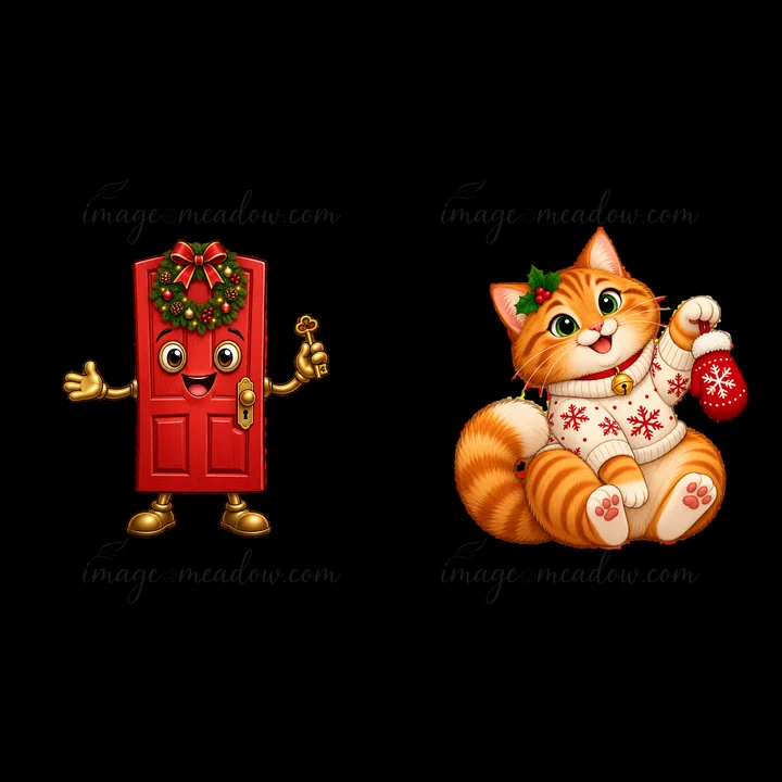 A red door with a festive wreath stands proudly while a cat in a holiday sweater playfully holds an ornament. This scene captures the spirit of Christmas in a c