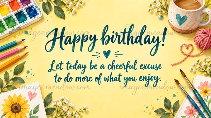A birthday greeting in dark teal lettering on textured yellow paper, surrounded by watercolor flowers, a sunflower, paint supplies, a coffee mug with a heart, a