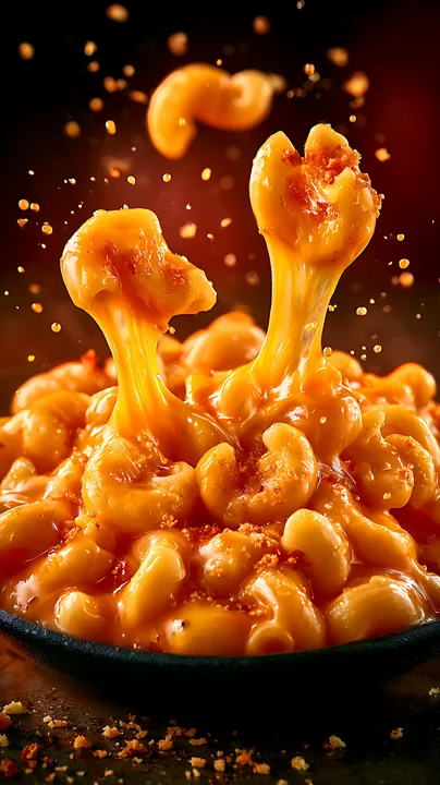 Cheesy macaroni pasta is splashing in a bowl with a crispy topping.