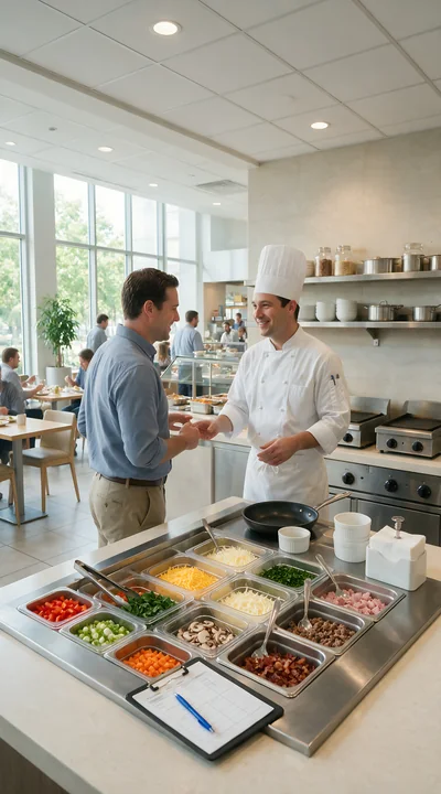 Chef and customer talk beside an omelet buffet station with colorful toppings in a bright dining room.