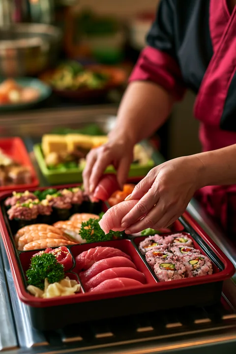 Chef arranges assorted sushi, including nigiri and rolls, in a compartmented lunch box at a preparation counter.