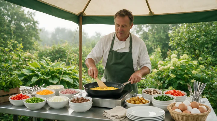 Chef cooks eggs at an outdoor omelet buffet station surrounded by bowls of vegetables, meat, cheese, and eggs.