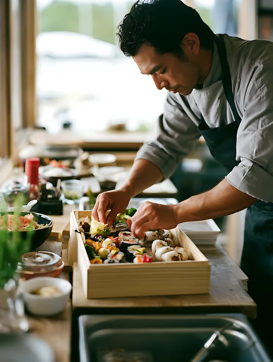Chef packs assorted sushi into a wooden lunch box at a bright kitchen counter.