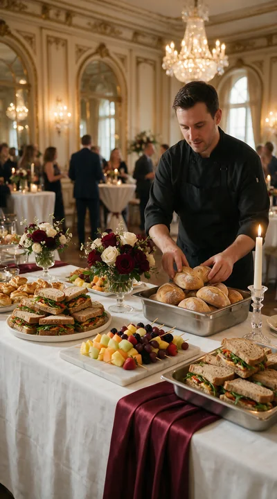 Chef prepares bread beside sandwiches, rolls, fruit skewers, flowers, and candles at an elegant buffet station.