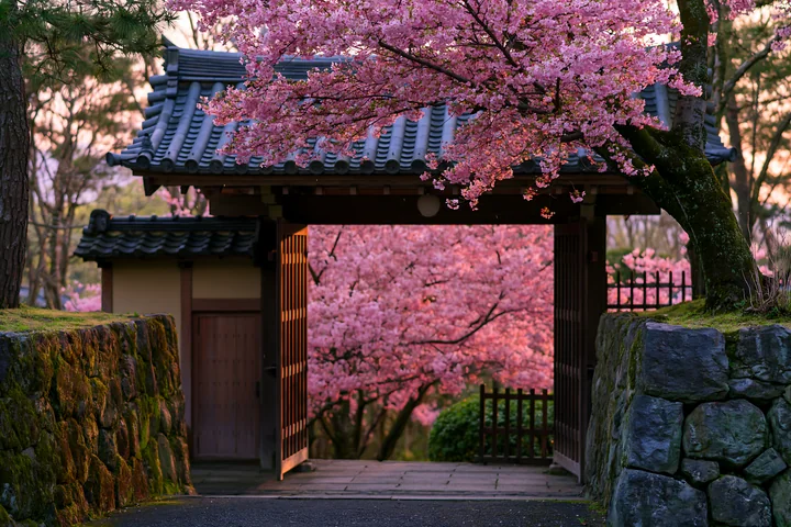 Cherry blossoms viewed through a temple gate show vibrant pink flowers framing the entry.