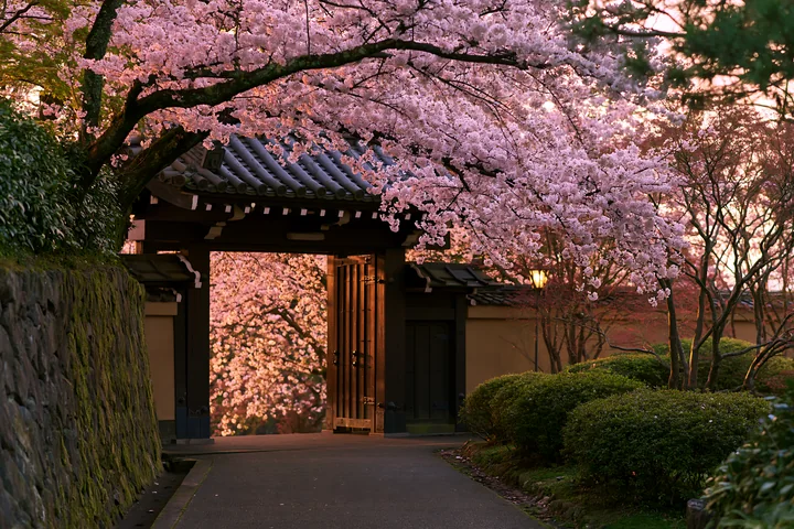 Cherry blossoms viewed through a temple gate show vibrant pink flowers framing a serene entrance.
