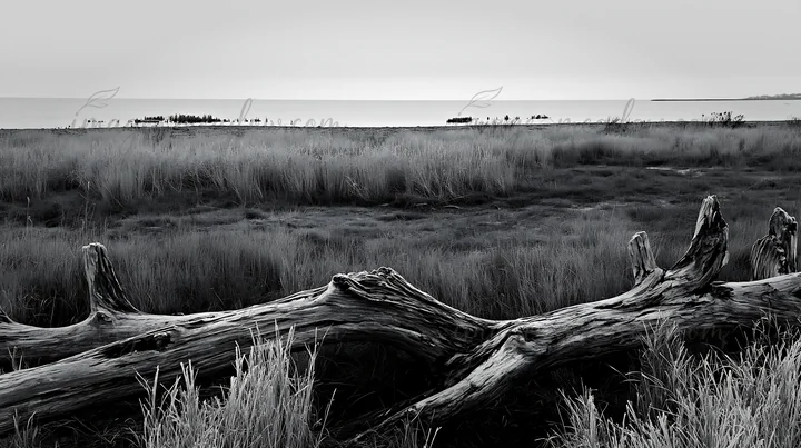 Driftwood lies across a meadow in Chiba, where the grass meets the coastline. The distant water stretches out to the horizon, with distant land visible on a clo
